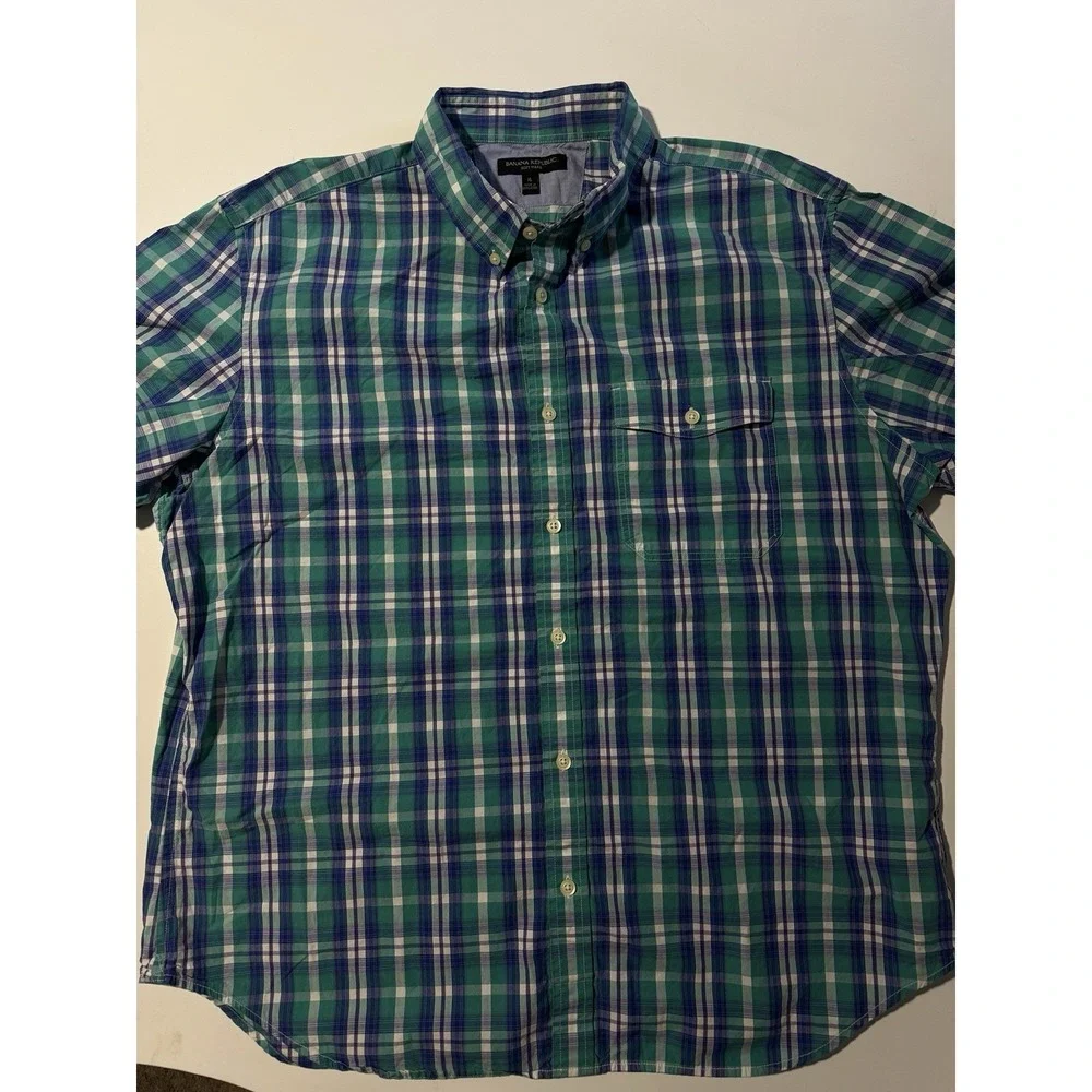 Banana Republic Soft‎ Wash Dress Shirt Mens Green Blue Teal Plaid Fall 13